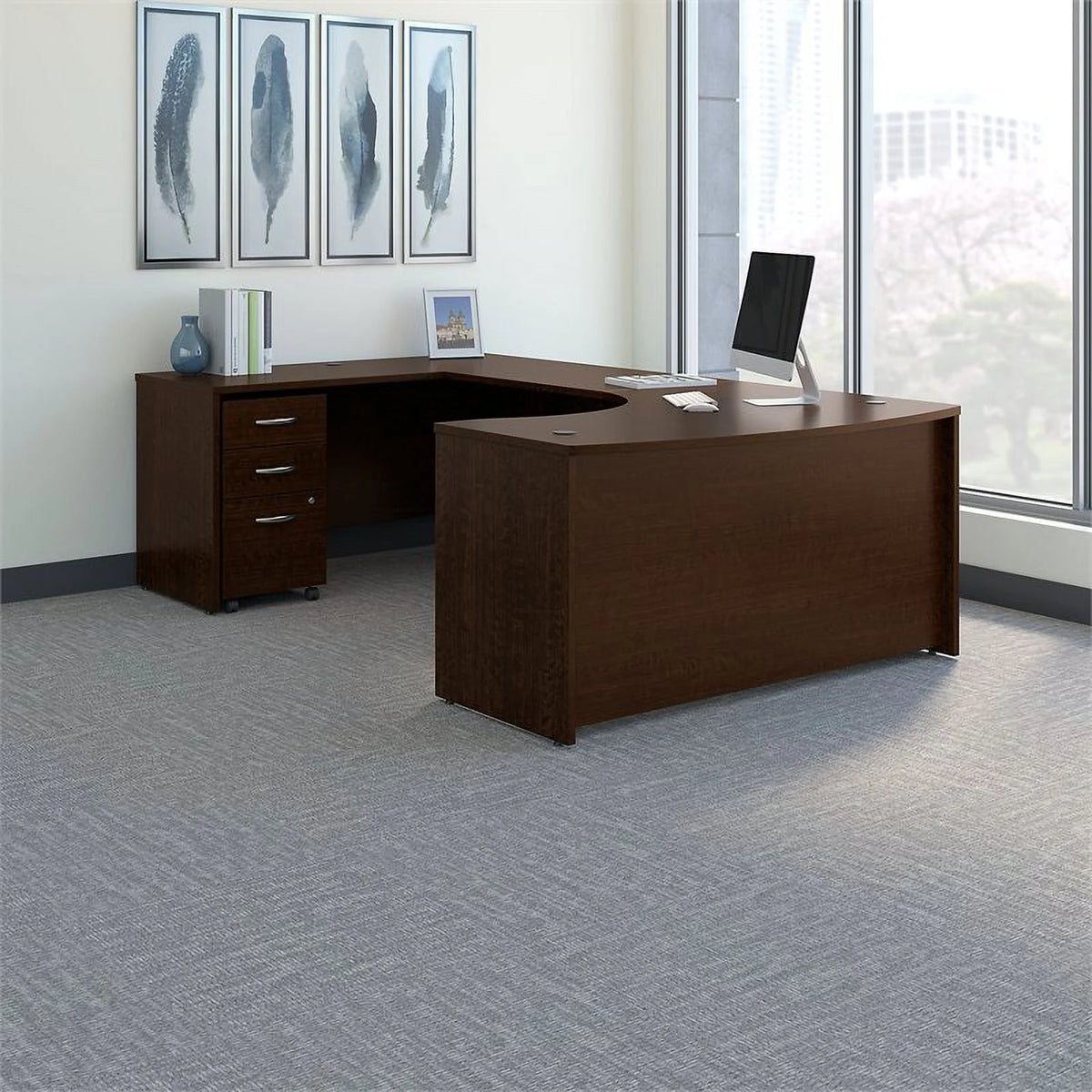 Left Hand U-Shaped Desk with Mobile File Cabinet in Mocha Cherry K1426