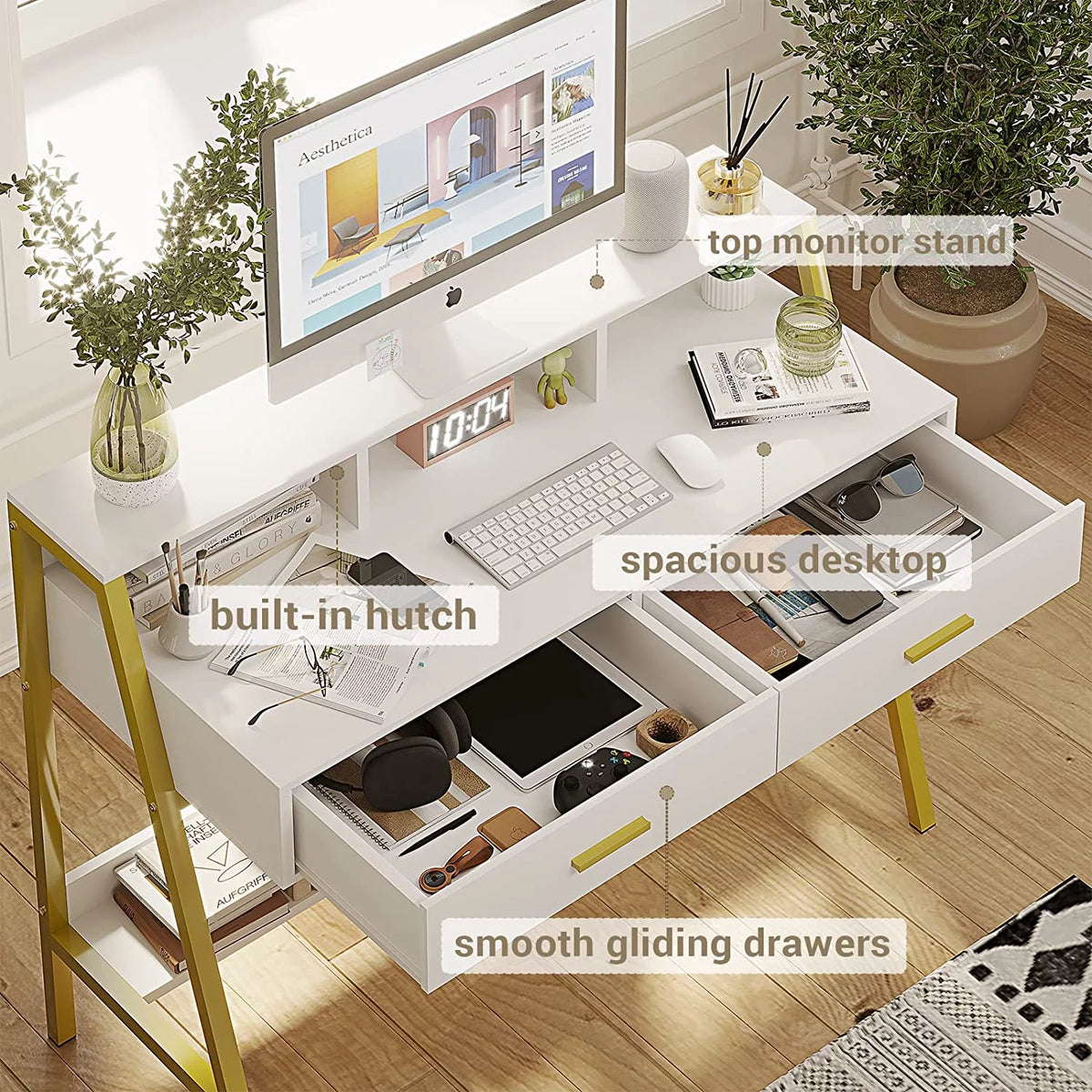 White and Gold Computer Desk with Drawers and Monitor Stand E2272