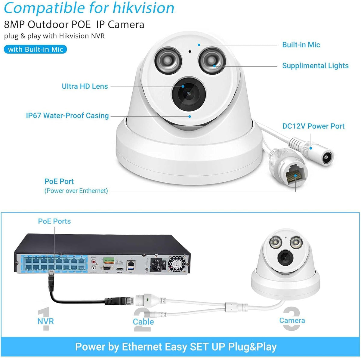 4K 8MP Outdoor PoE IP Turret Camera with Mic, 2.8mm Lens, IP67 H36378