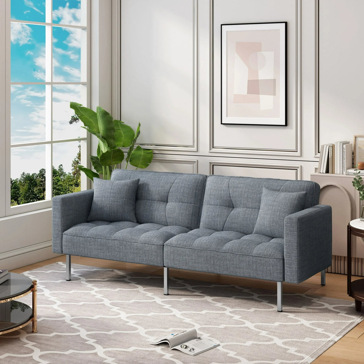Dark Gray Linen Convertible Futon Sofa Bed J44438