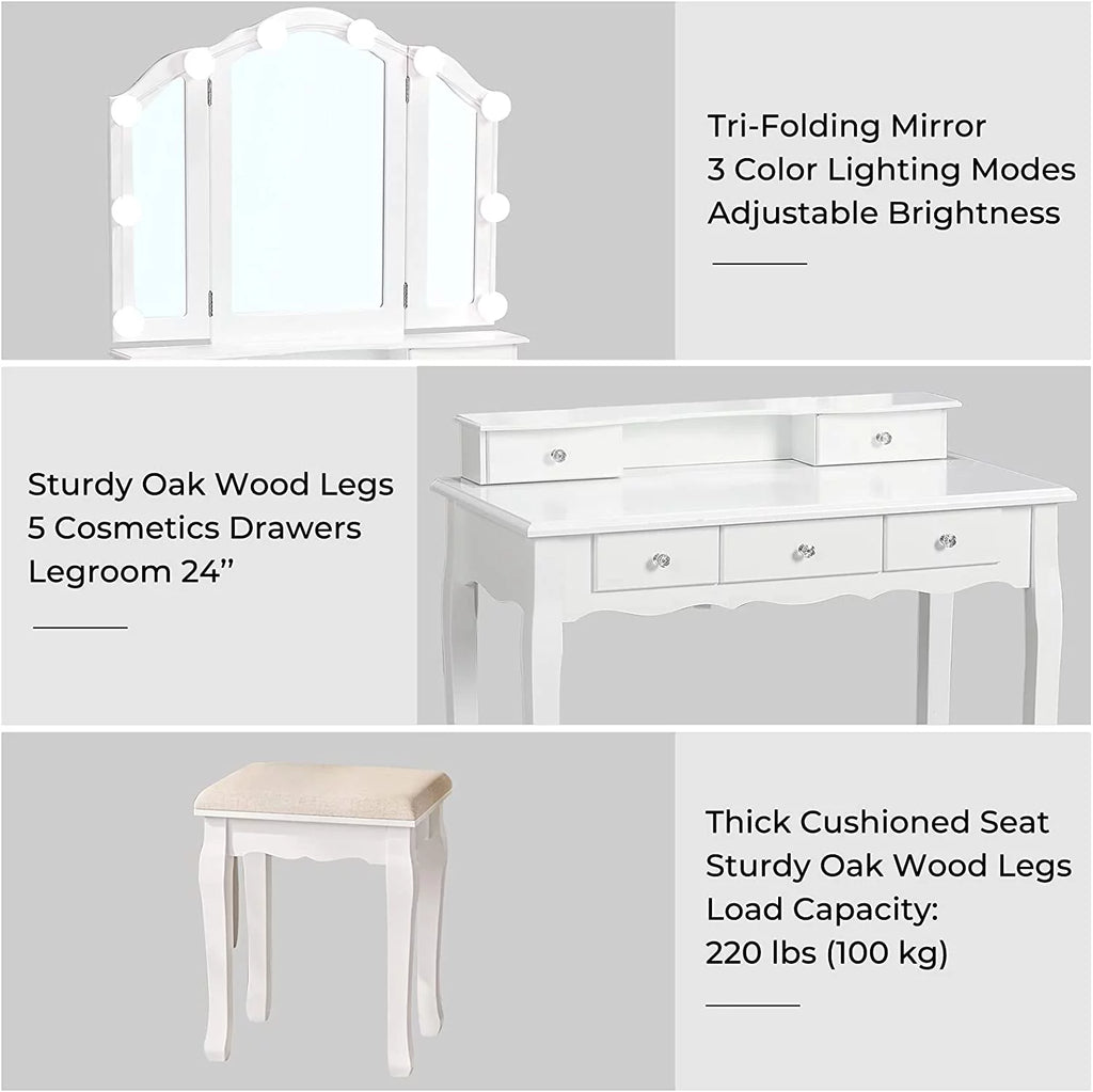White Vanity Table Set with Lighted Tri-Fold Mirror and Stool X191236