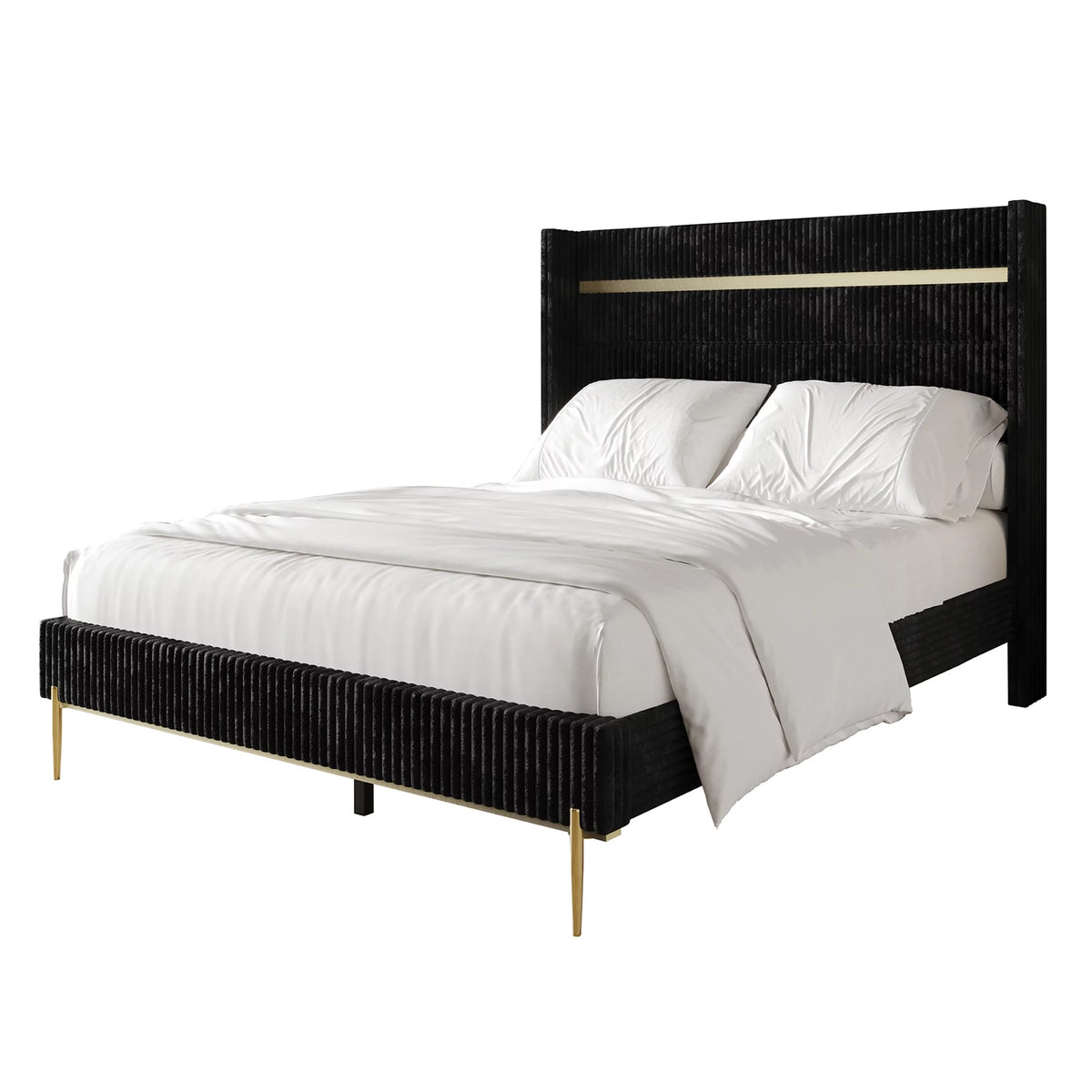 Gold PU Strip Wingback Velvet Upholstered Bed Black, Full Y304