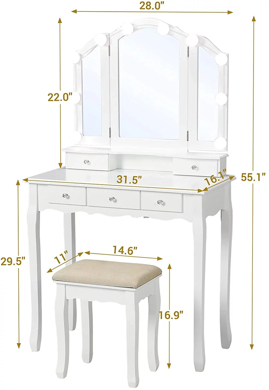 White Vanity Table Set with Lighted Tri-Fold Mirror and Stool X191236