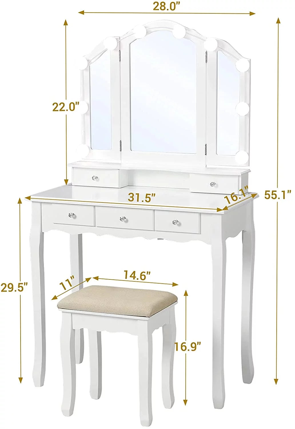 White Vanity Table Set with Lighted Tri-Fold Mirror and Stool X191236