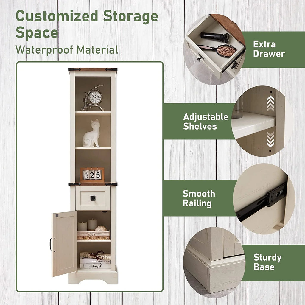 White 68" Farmhouse Bathroom Storage Cabinet with Drawer J970198