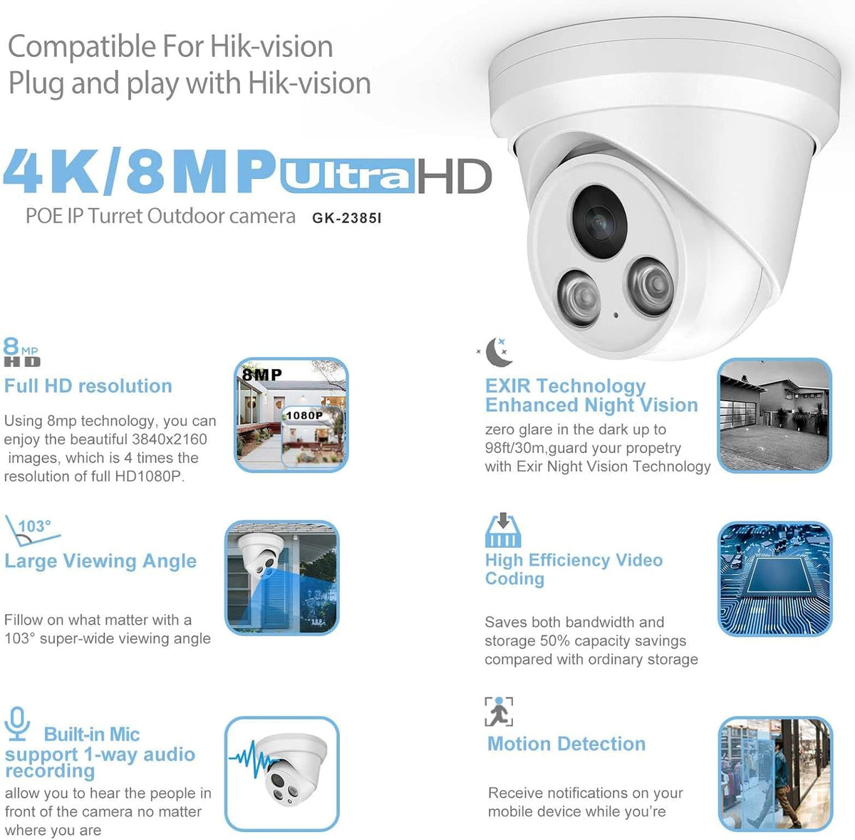 4K 8MP Outdoor PoE IP Turret Camera with Mic, 2.8mm Lens, IP67 H36378