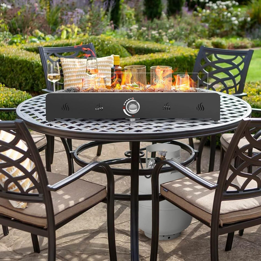 28 Inch Tabletop Gas Fire Pit with Glass Wind Guard and Lava Rock Z28616
