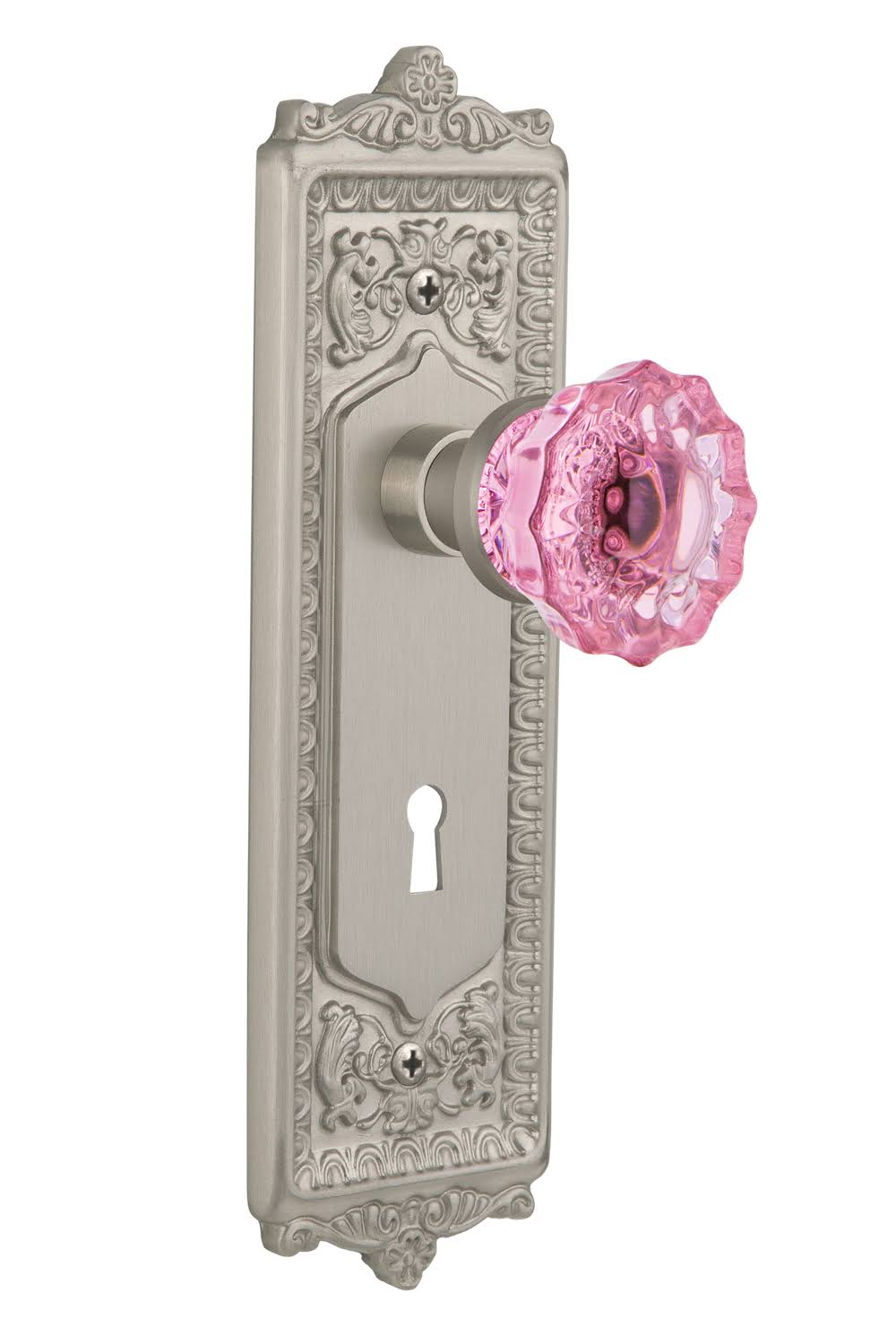 Egg & Dart Plate with Keyhole Crystal Pink Glass Door Knob in Satin Nickel L82541