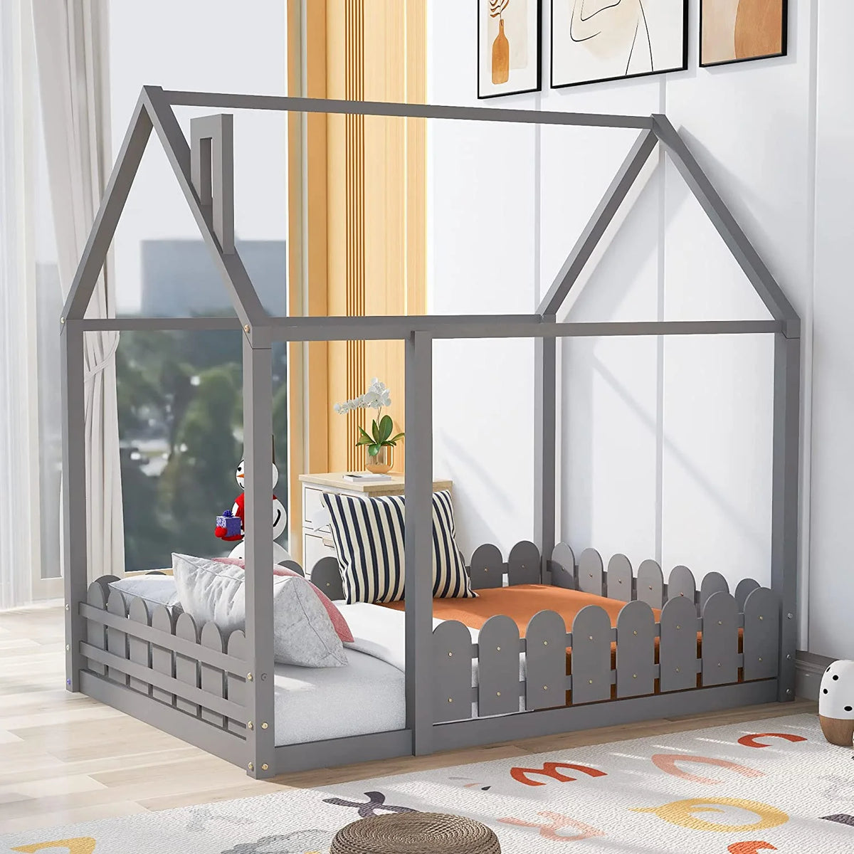 Full Size Grey Wood Bed Frame with Roof and Guardrails Q397177