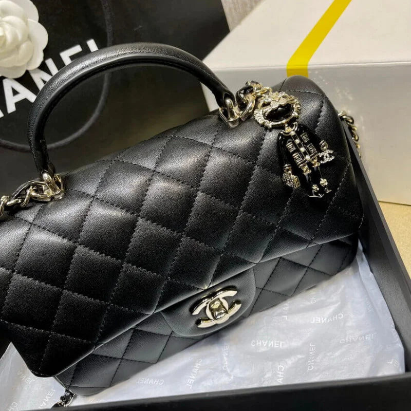 Black Lambskin Mini Flap Bag With Top Handle K371