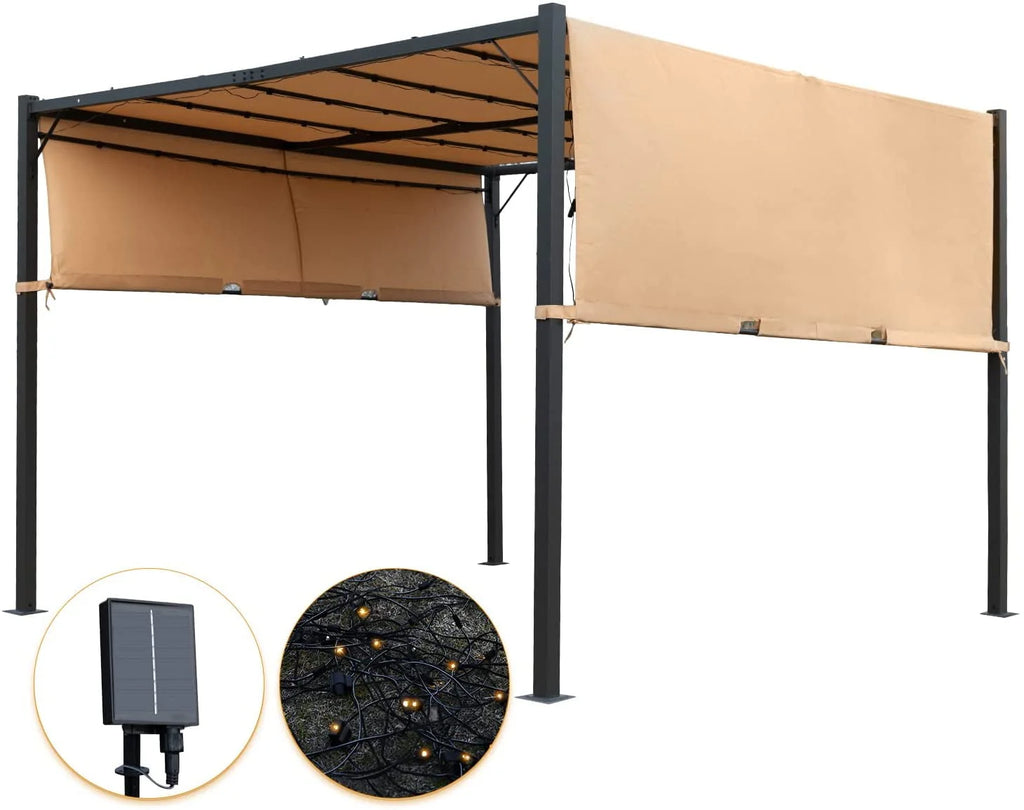 10x10 Retractable Steel Frame Pergola with Solar Powered Led Kit (Tan) G297