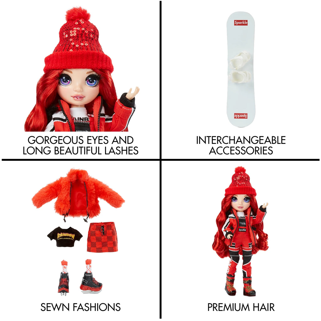 Red Fashion Doll Playset With 2 Outfits, Snowboard And Winter Accessories D689
