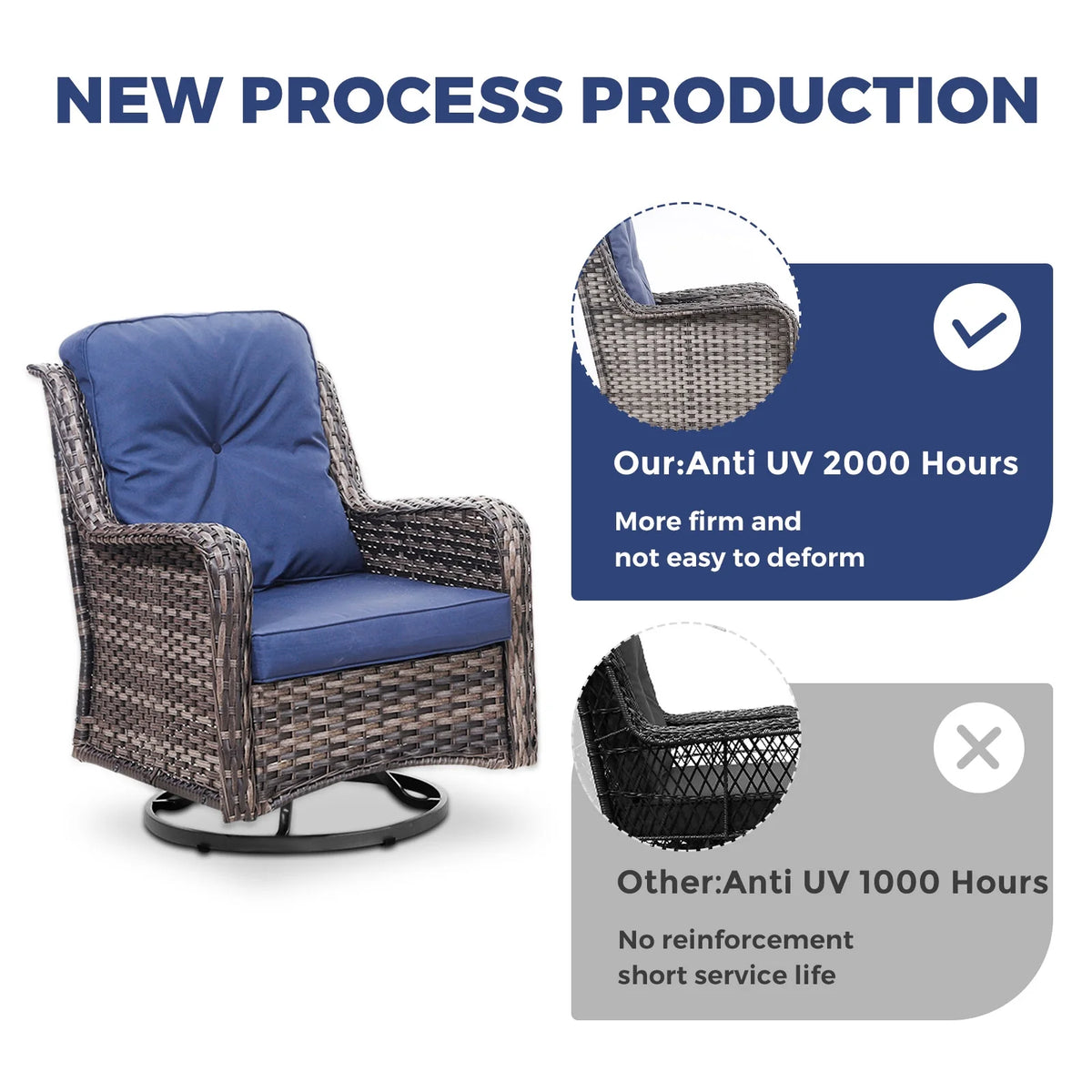 3 Pieces Wicker Patio Furniture Set with Swivel Rocking Chairs and Glass Side Table K9412