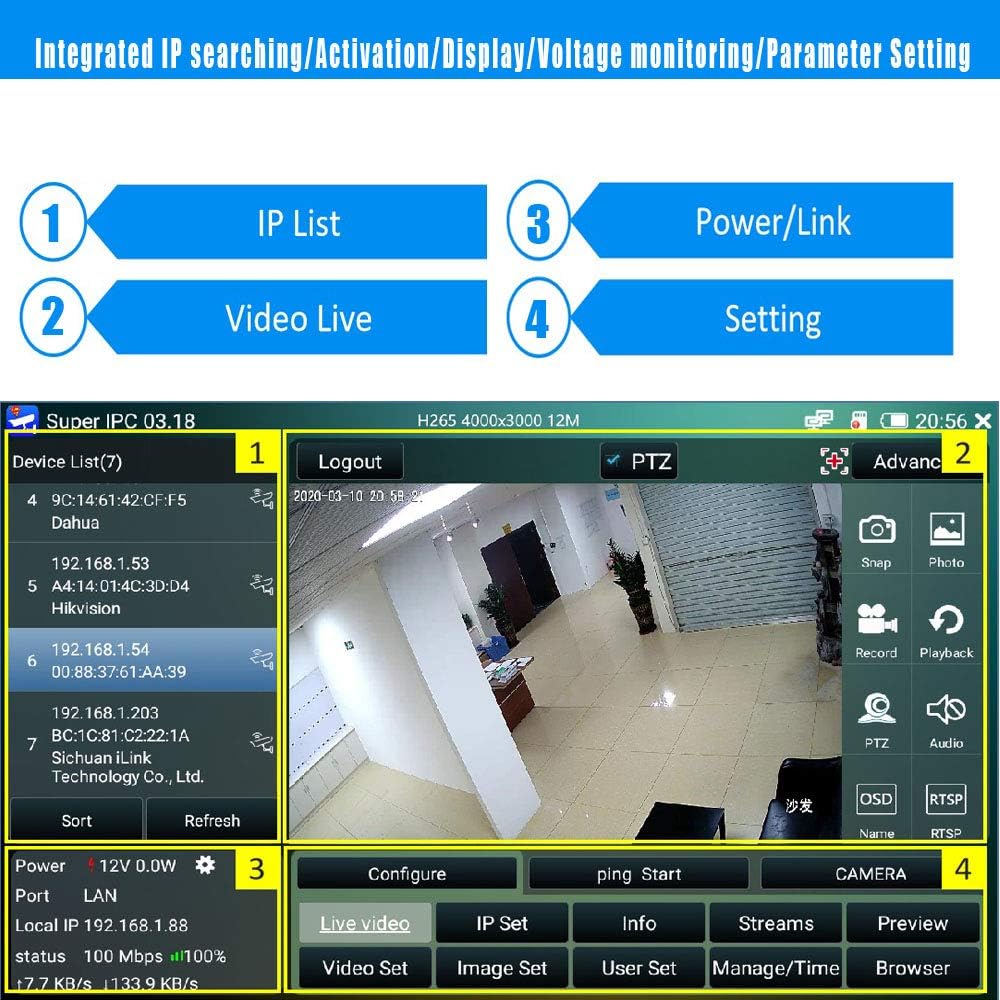 7 Inch IPS Touch Screen H.265 6K IP Camera Tester with Anti-Sunlight Cover A782