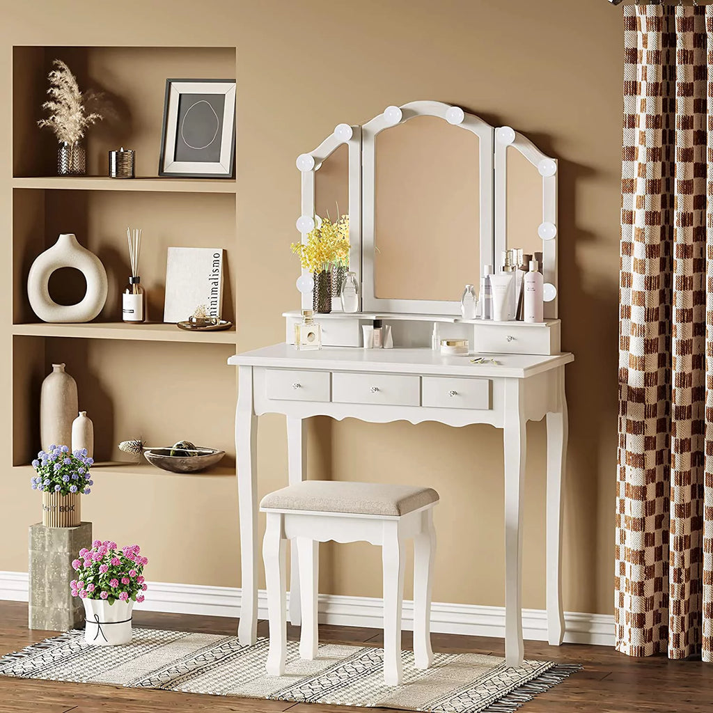 White Vanity Table Set with Lighted Tri-Fold Mirror and Stool X191236