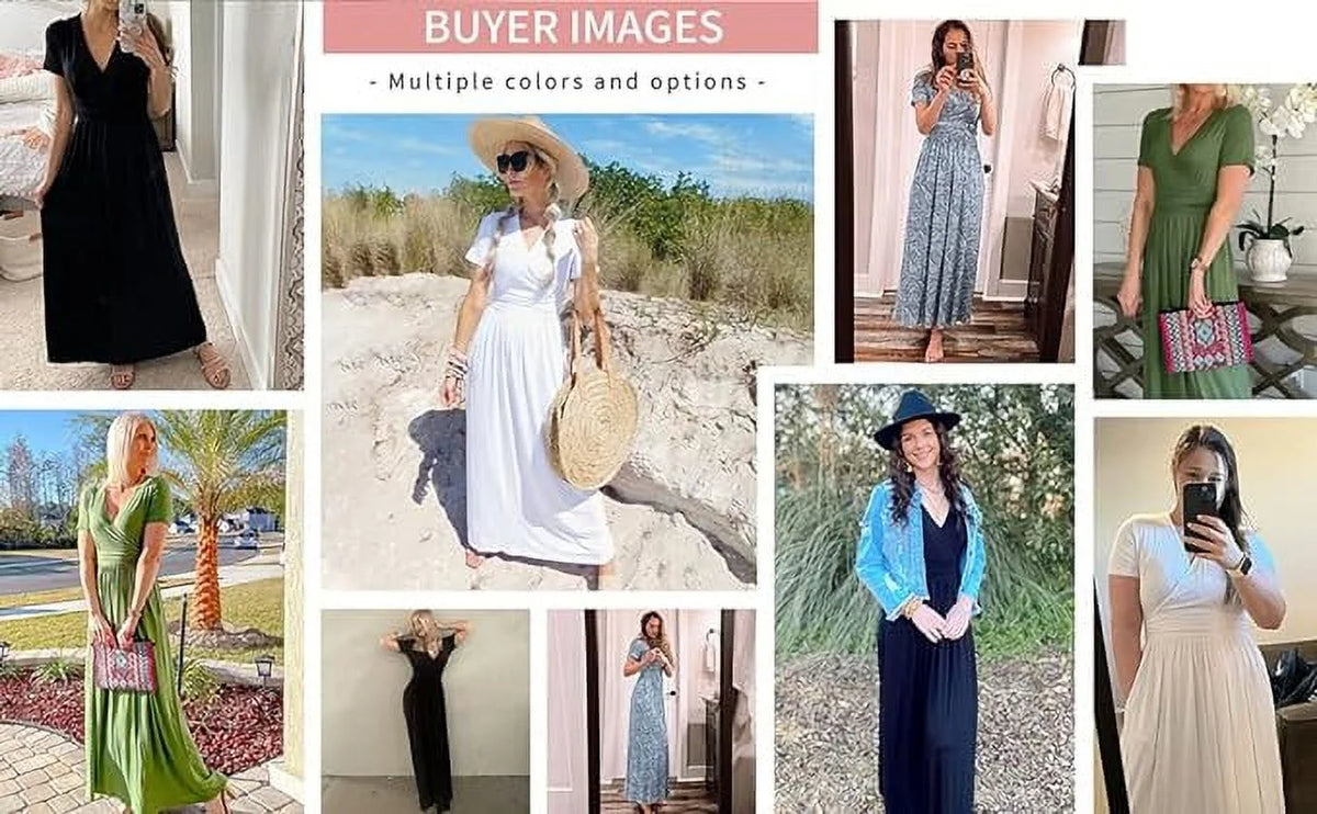 Women's Short Sleeve Wrap Waist Maxi Dress with Pockets V45860