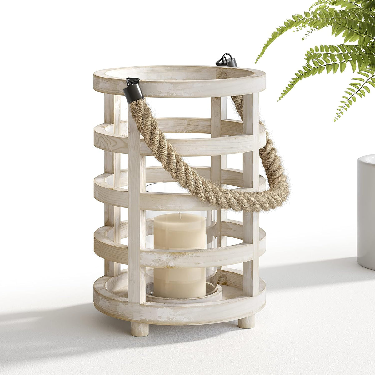 Whitewash Wooden Lantern Candle Holders, Set of 2 H177