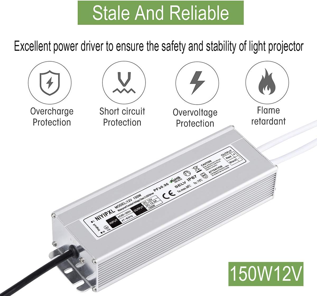 150 Watts Waterproof IP67 LED Driver Power Supply, 85V-265V AC to 12V DC, 3-Prong Plug U9685