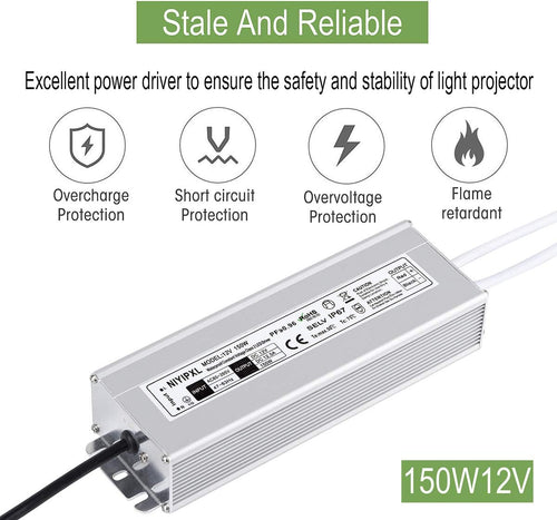 150 Watts Waterproof IP67 LED Driver Power Supply, 85V-265V AC to 12V DC, 3-Prong Plug U9685