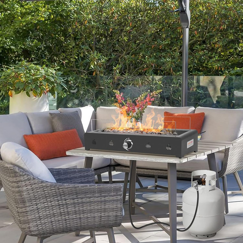 28 Inch Tabletop Gas Fire Pit with Glass Wind Guard and Lava Rock Z28616