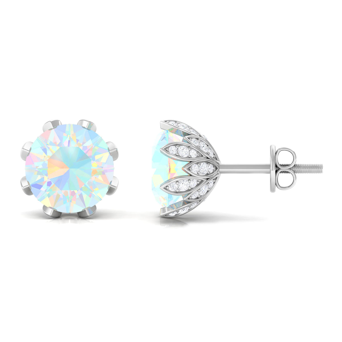 Floral Stud Earrings with Diamond, 925 Sterling Silver K346
