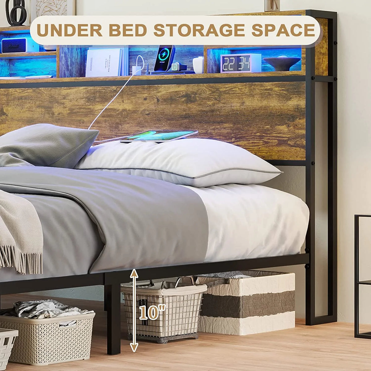 Queen RGB Led Light Metal Platform Bed with Storage Headboard C573130