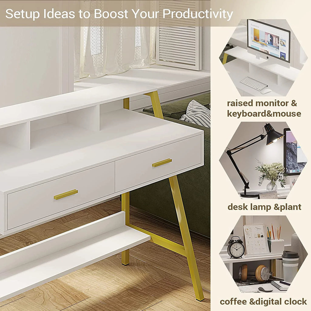 White and Gold Computer Desk with Drawers and Monitor Stand E2272