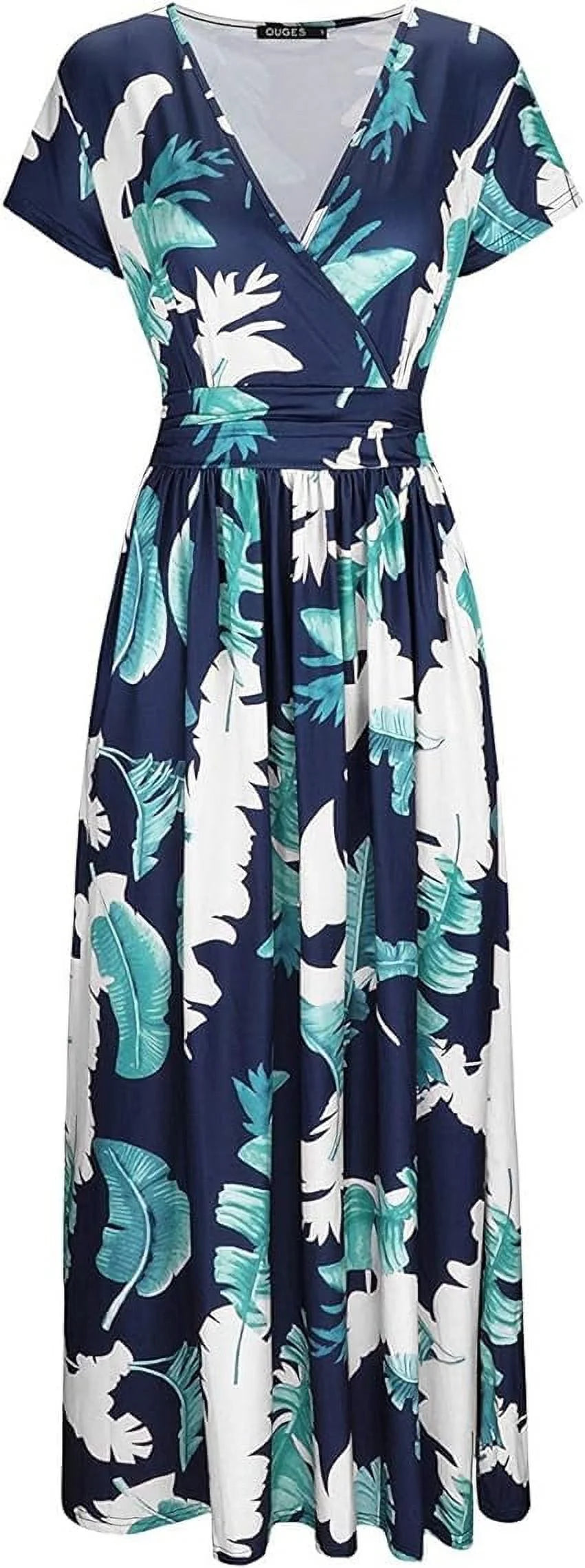 Women's Short Sleeve Wrap Waist Maxi Dress with Pockets V45860