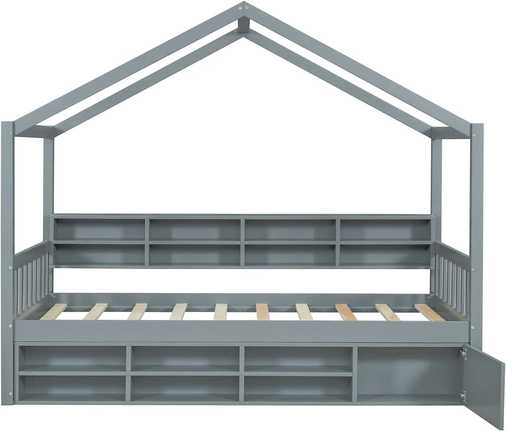 Twin Size Wood House Bed with Storage Shelves P555426