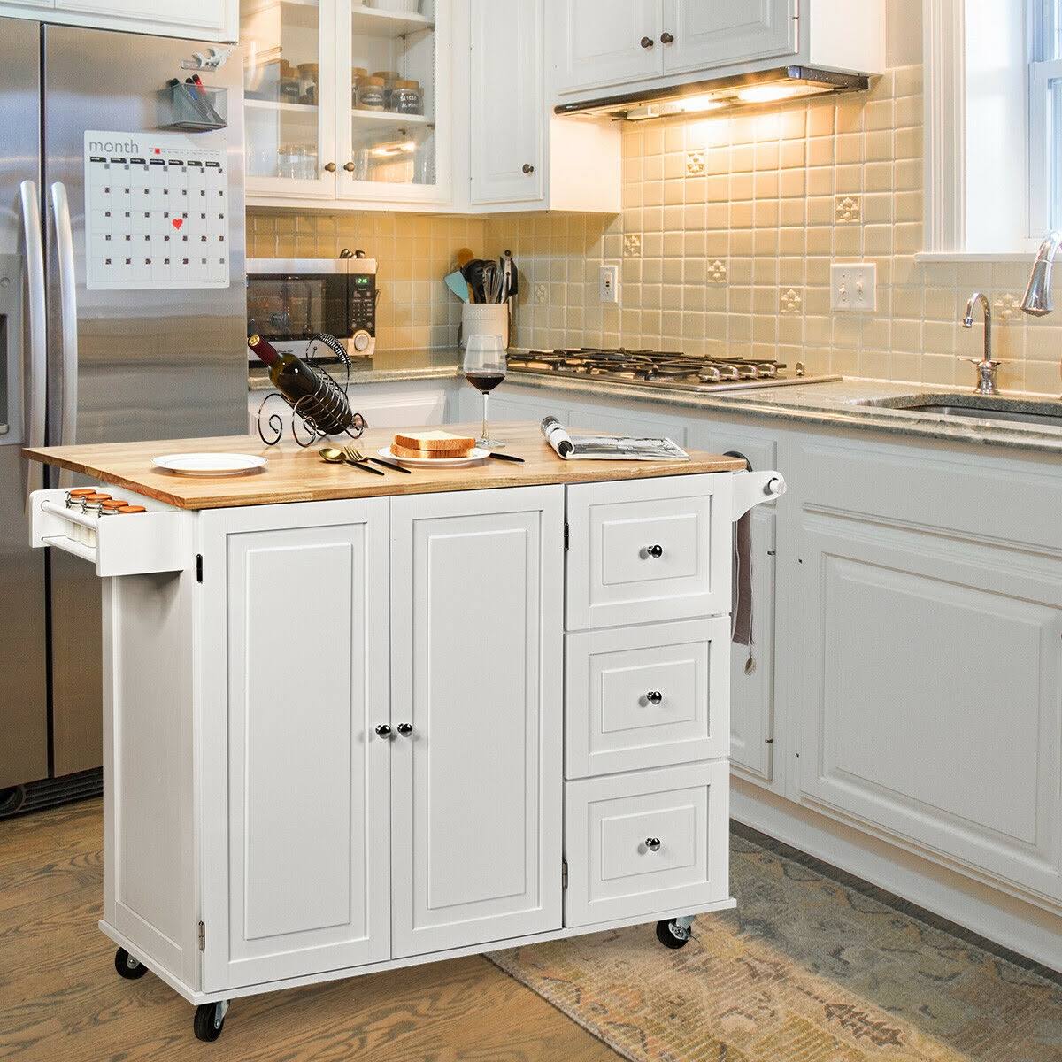 White Drop-Leaf Kitchen Island Cart T304