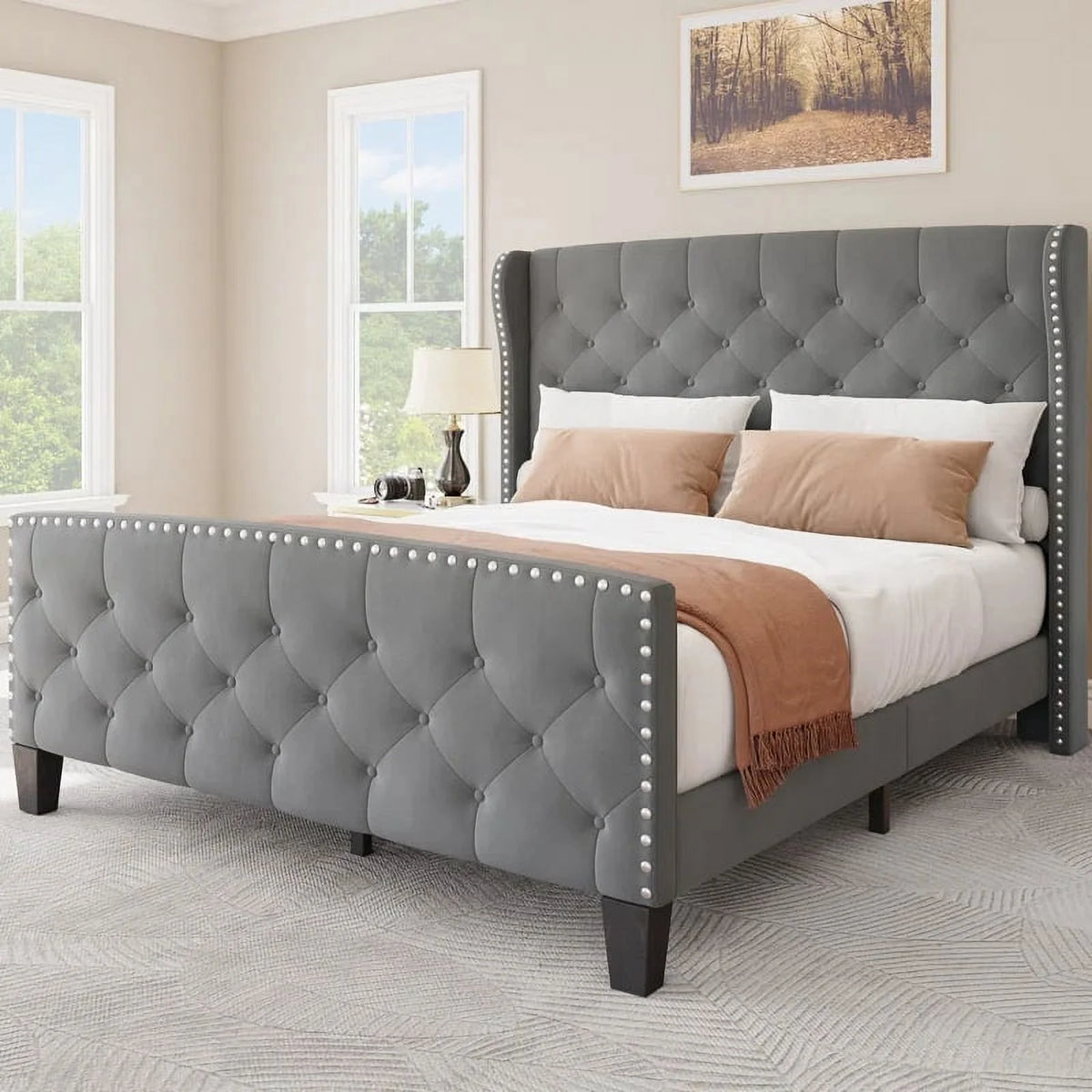 Queen Size Upholstered Platform Bed Frame with Velvet Headboard and Footboard V654