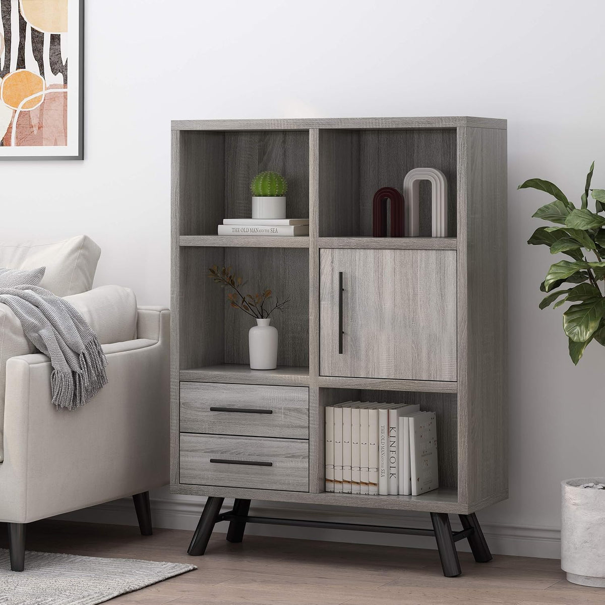 Brown Oak Black 6 Shelf Cabinet V919712