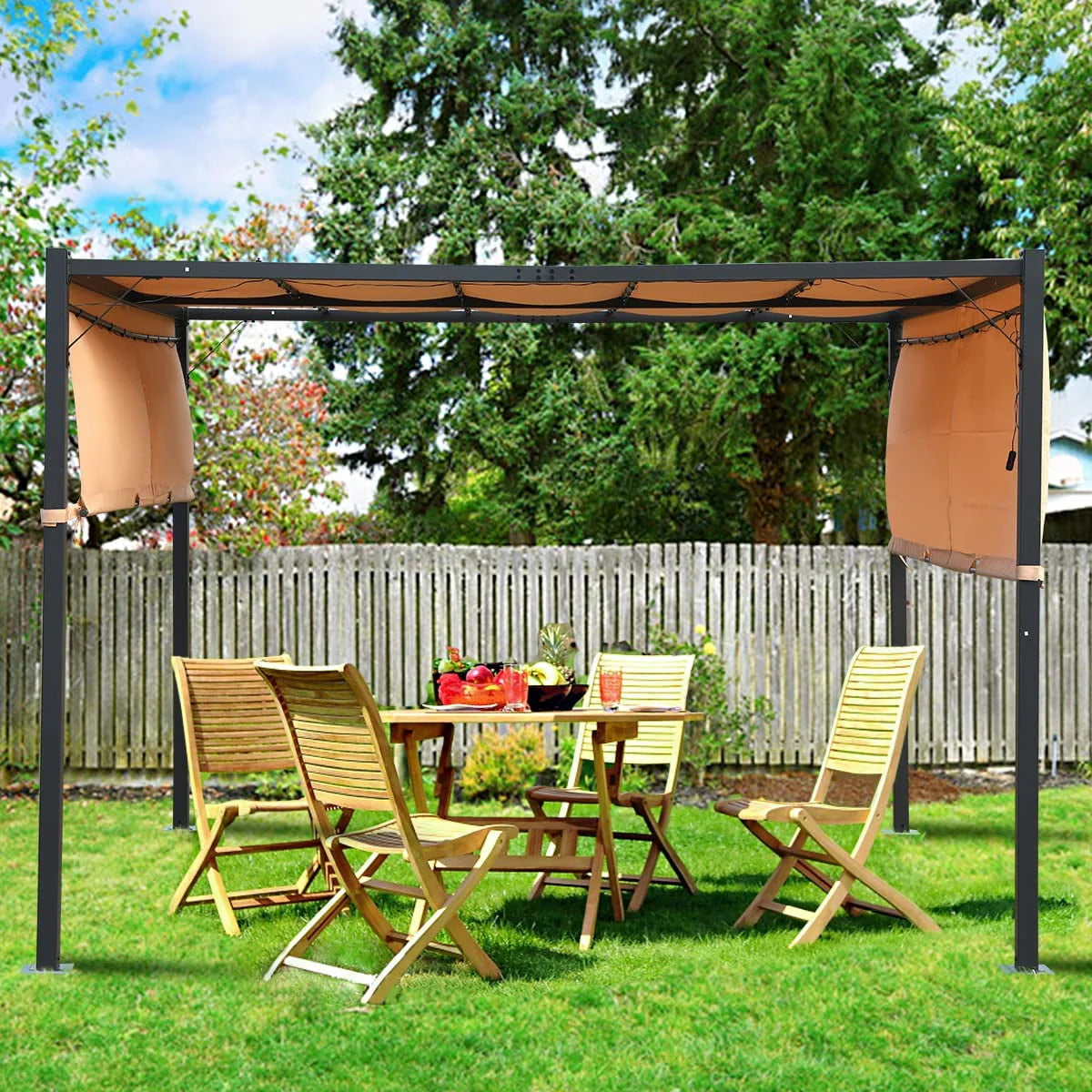10x10 Retractable Steel Frame Pergola with Solar Powered Led Kit (Tan) G297