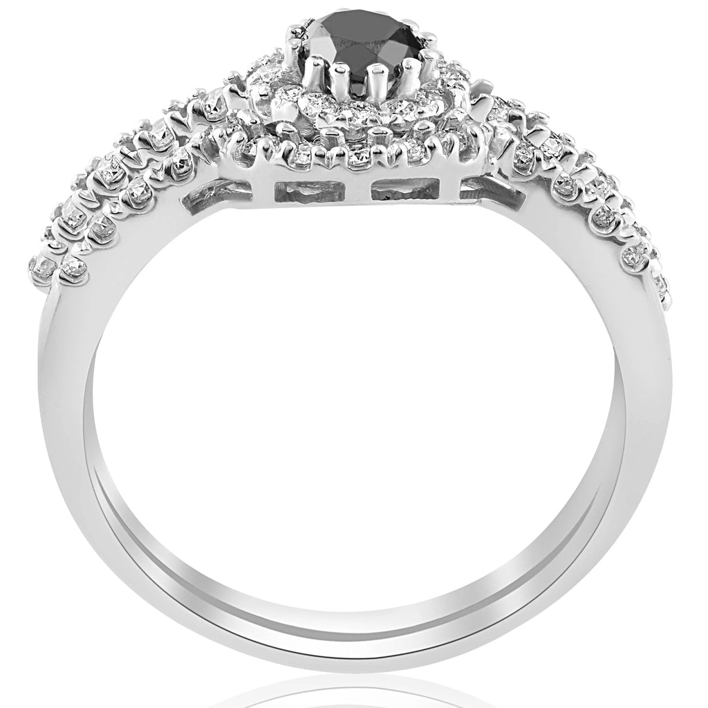 Black Pave Halo Diamond Engagement Ring Set 14k White Gold T10255