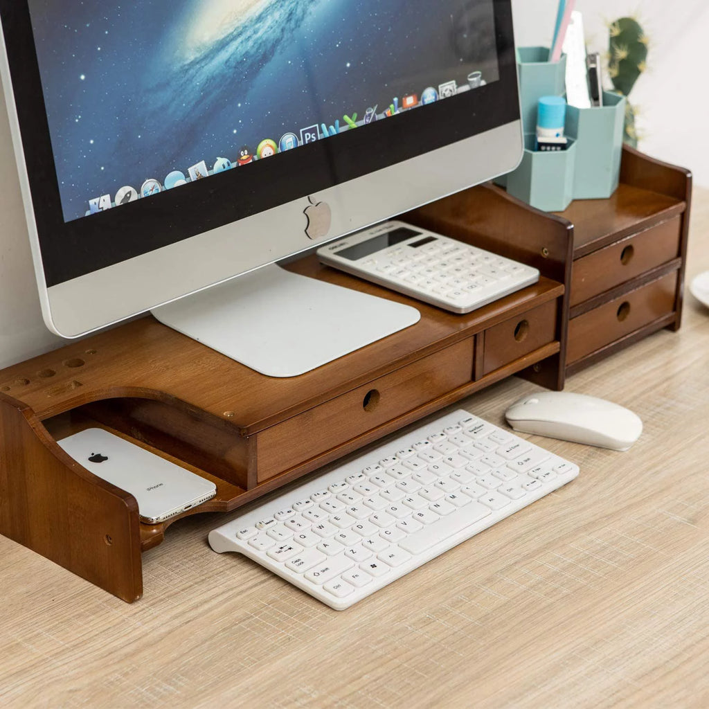 2 Tier Bamboo Monitor Stand Riser with 4 Drawers E654