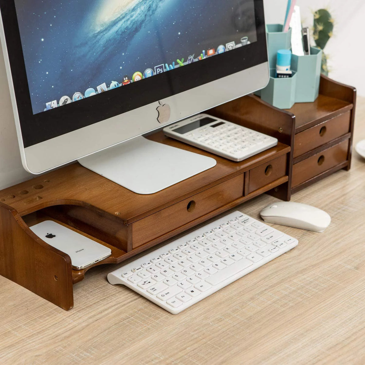 2 Tier Bamboo Monitor Stand Riser with 4 Drawers E654