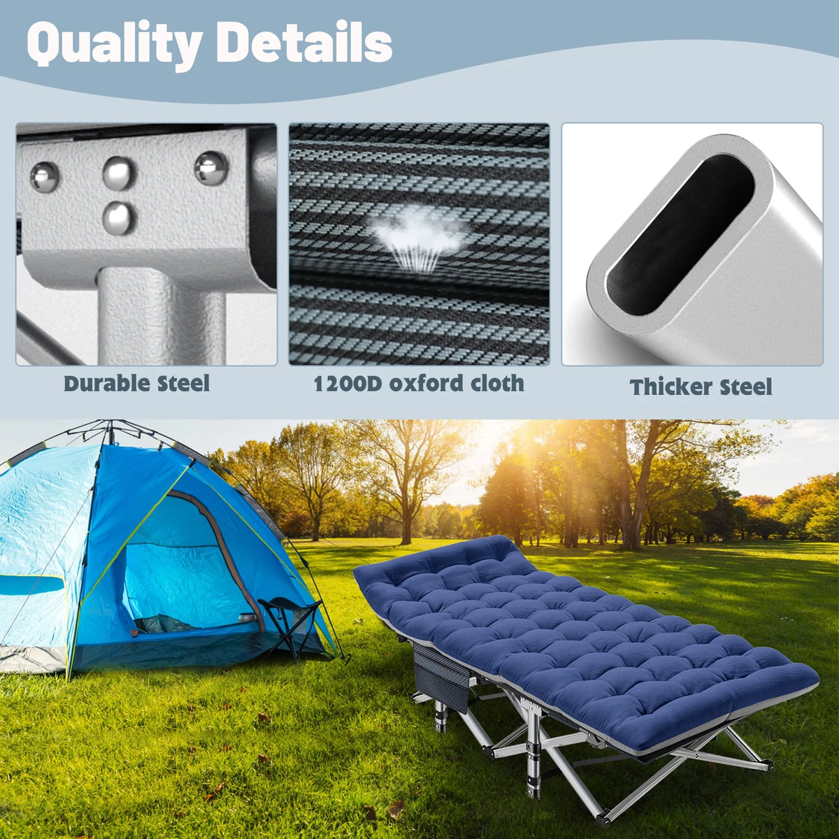 Folding Camping Bed with Mattress & Carry Bag, Heavy Duty Sleeping Cot with 4D Pillow A551463