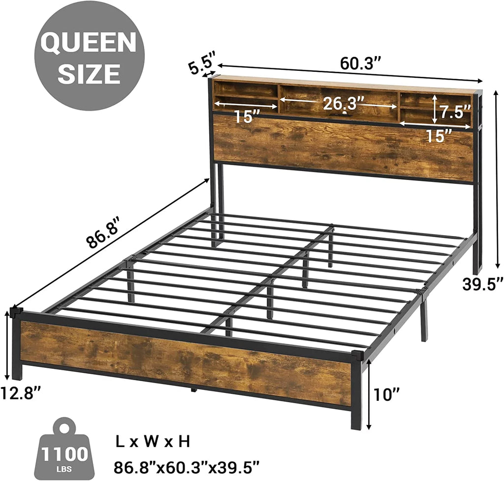 Queen RGB Led Light Metal Platform Bed with Storage Headboard C573130