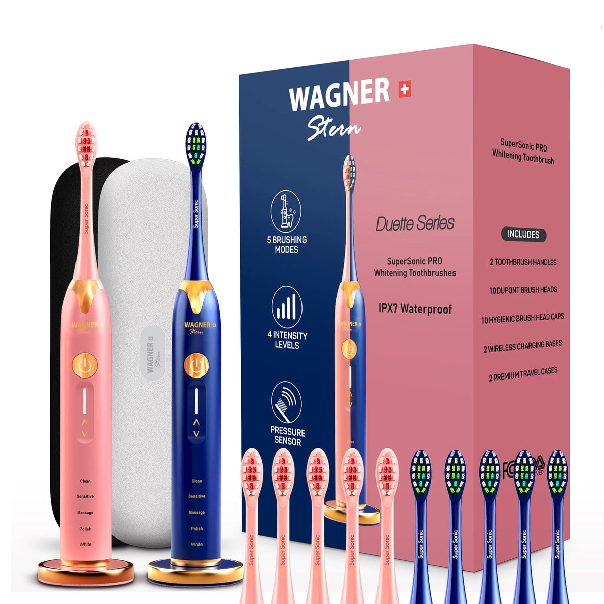2 Electric Toothbrushes with Pressure Sensor, 5 Brushing Modes, Pink/Blue G9357