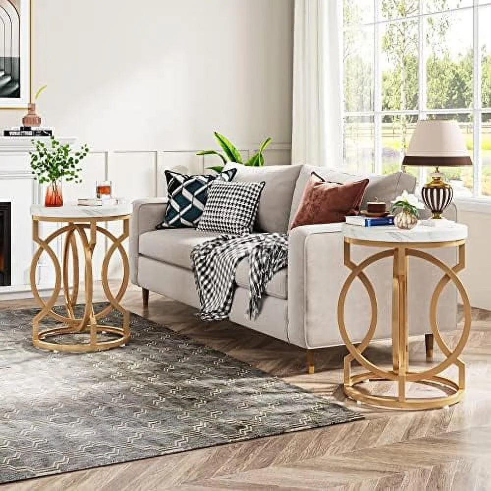 Round End Table Set of 2 White Gold Faux Marble Tabletop Y3203