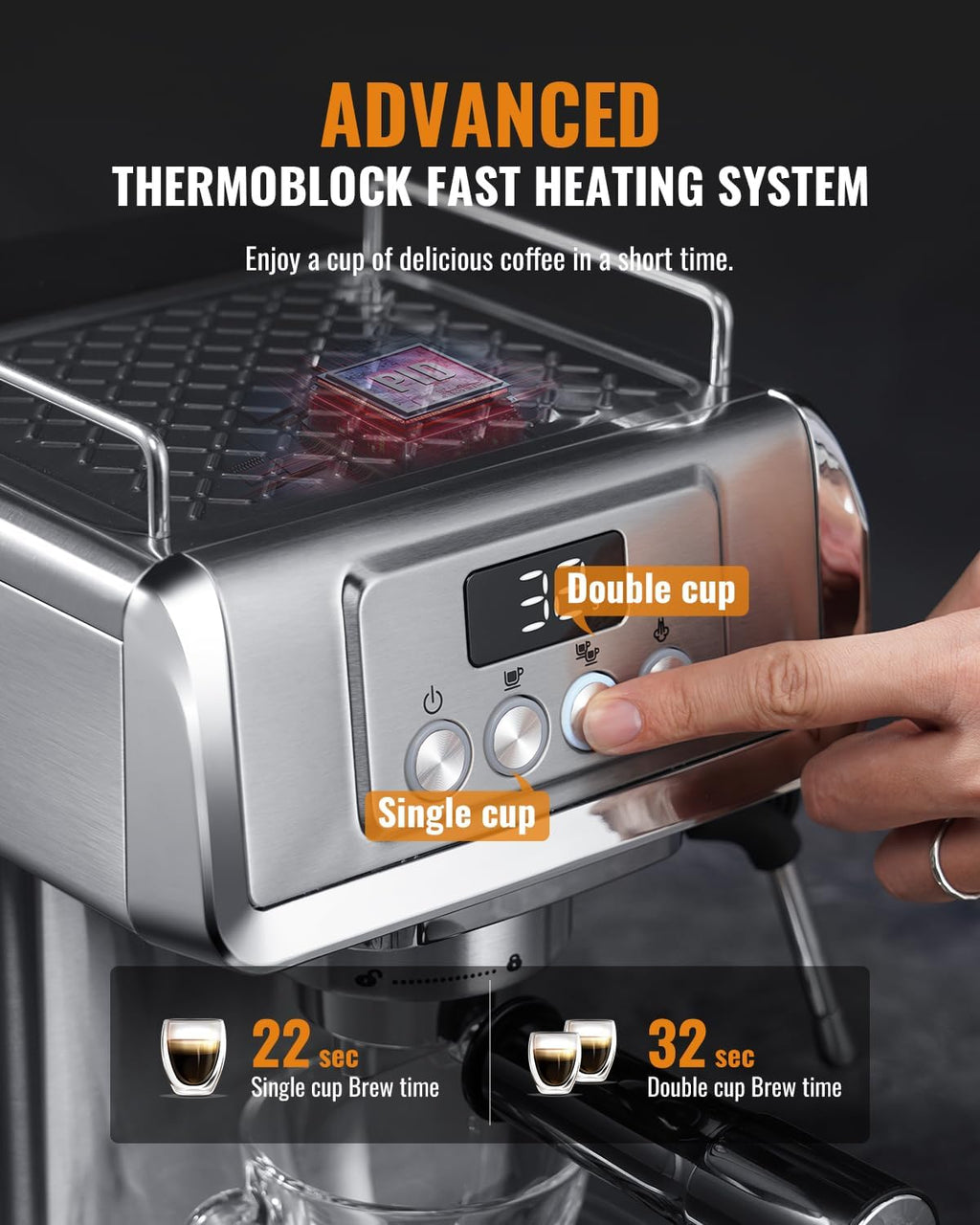Stainless Steel Espresso Machine 20 Bar with Milk Frother Steam Wand 60 Oz Water Tank 1350W C305