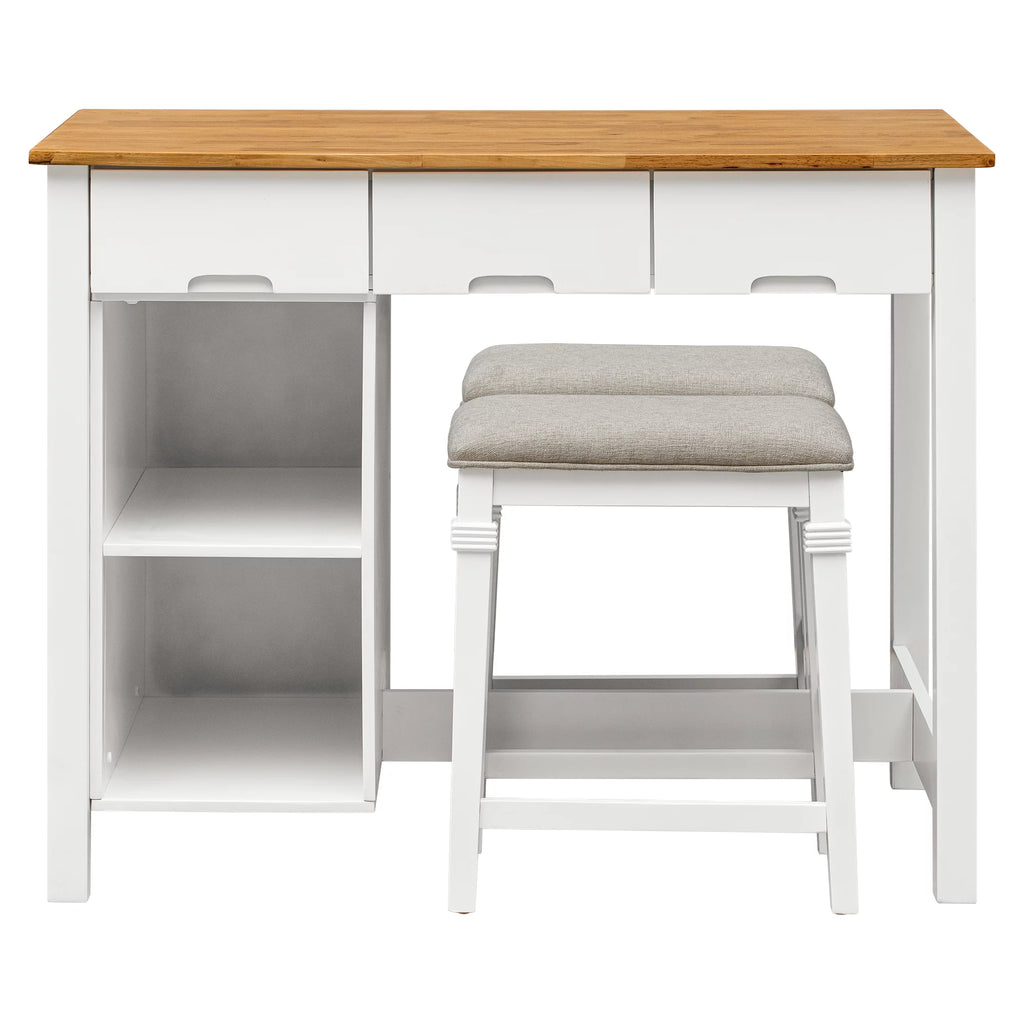 White 3-piece Rubber Wood Kitchen Island Set with 2 Seats E2976