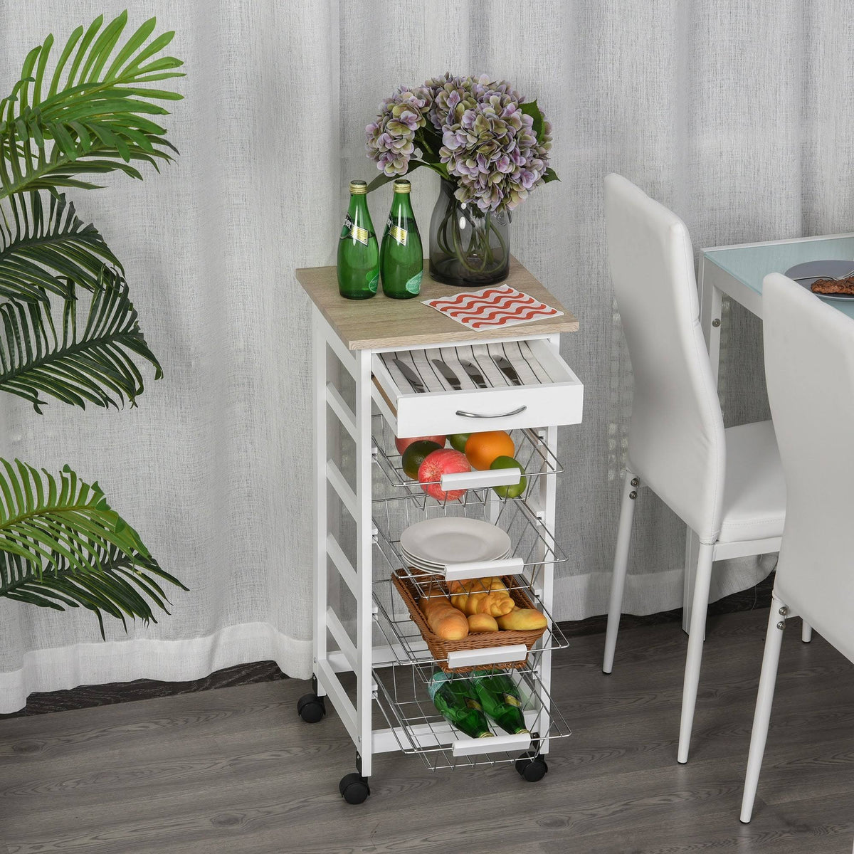 White Wooden Rolling Kitchen Storage Cart X838973
