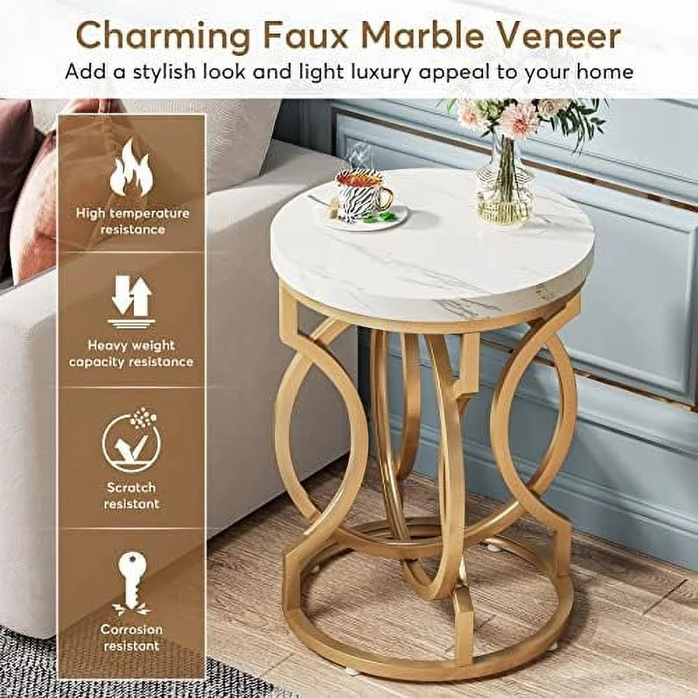 Round End Table Set of 2 White Gold Faux Marble Tabletop Y3203