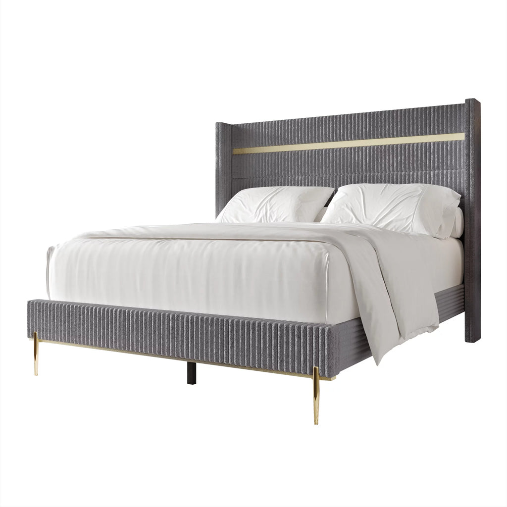 Gold PU Strip Wingback Velvet Upholstered Bed Black, Full Y304