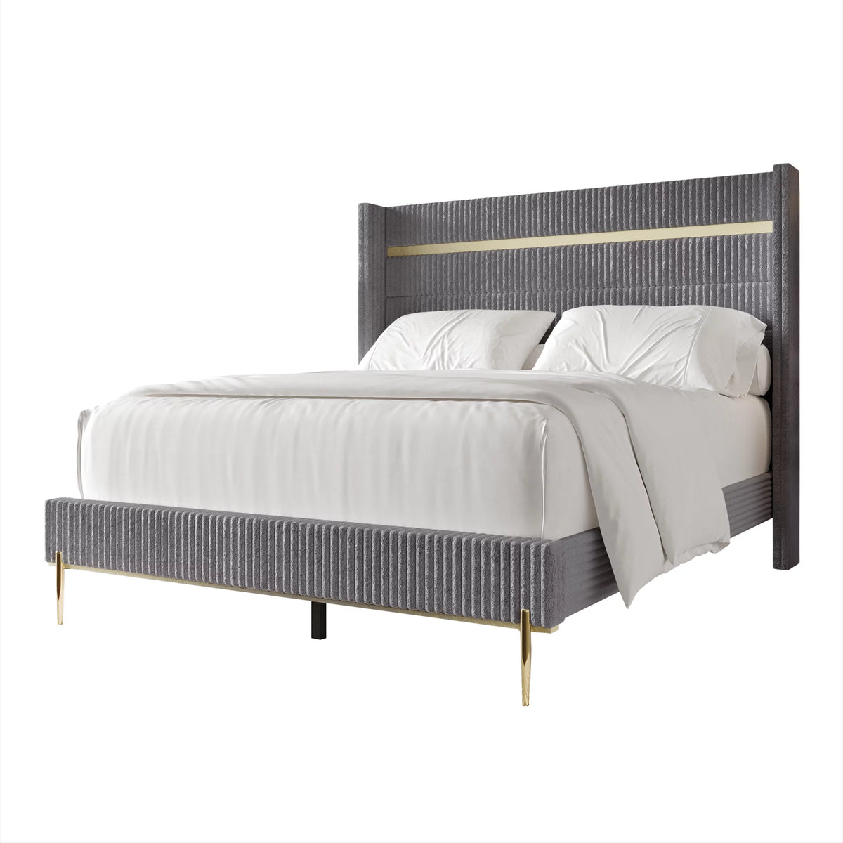 Gold PU Strip Wingback Velvet Upholstered Bed Black, Full Y304