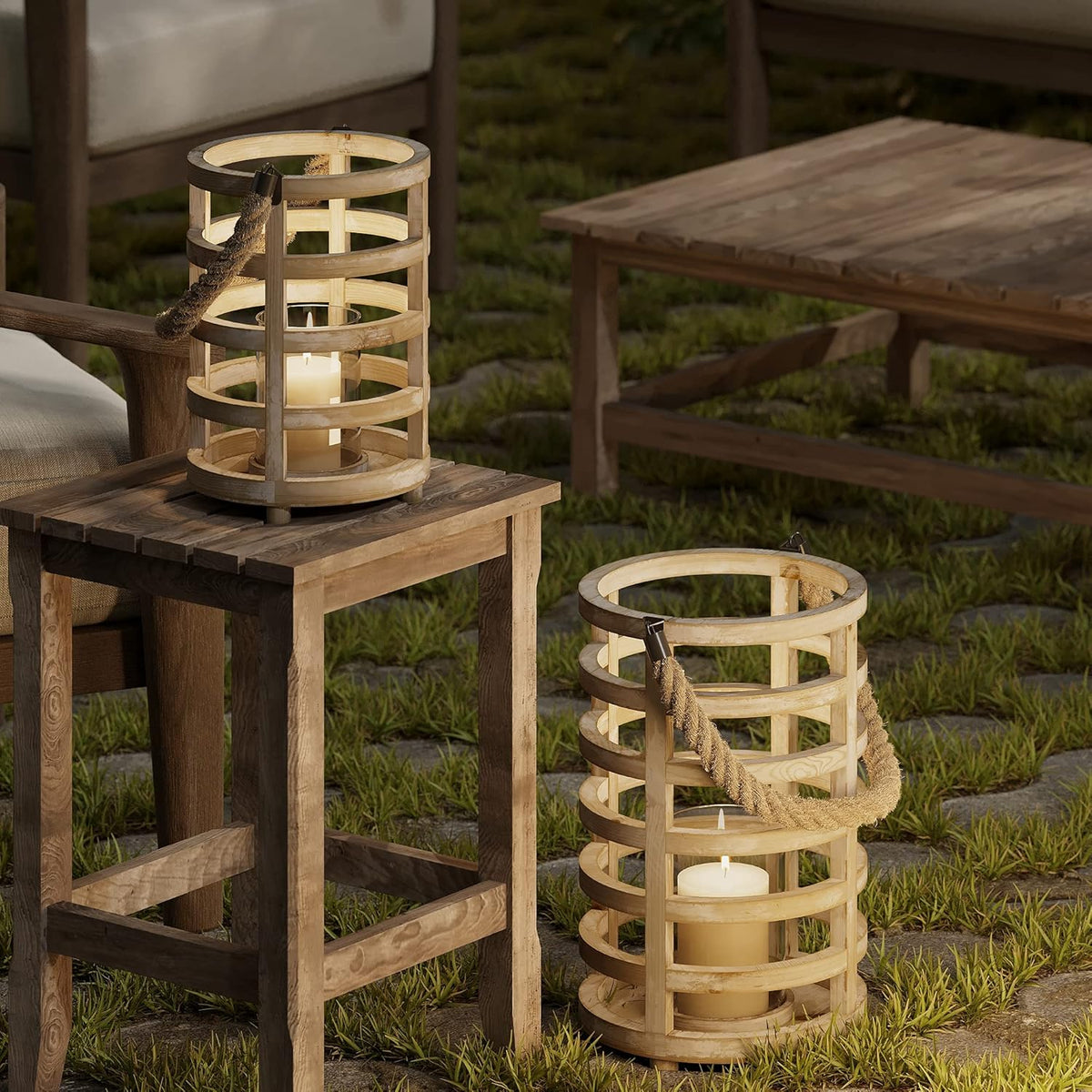 Whitewash Wooden Lantern Candle Holders, Set of 2 H177