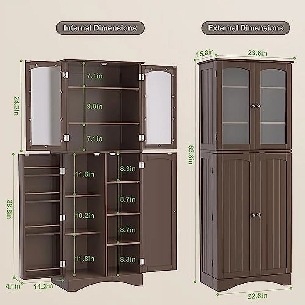 64" Kitchen Pantry Cabinet with Glass Doors and Adjustable Shelves M8983