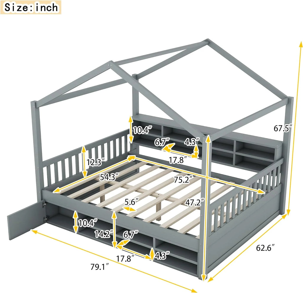 Twin Size Wood House Bed with Storage Shelves P555426