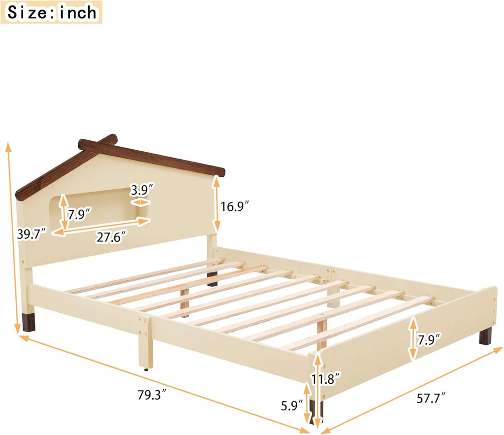 Full Size Wood Platform Bed with House-Shaped Headboard and Night Lights Y93688